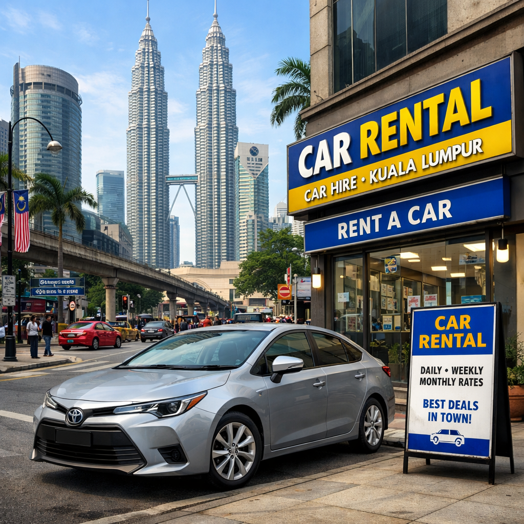 A realistic street scene in Kuala Lumpur showing a modern rental car parked near the iconic Petronas Towers, with clear signage of a rental office. Alt: car hire Kuala Lumpur downtown location