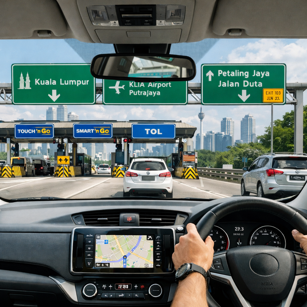 A realistic illustration of a driver navigating Kuala Lumpur’s highway, showing clear signposts, a Touch‑and‑Go toll booth and a clean rental car interior. Alt: essential driving tips car hire Kuala Lumpur