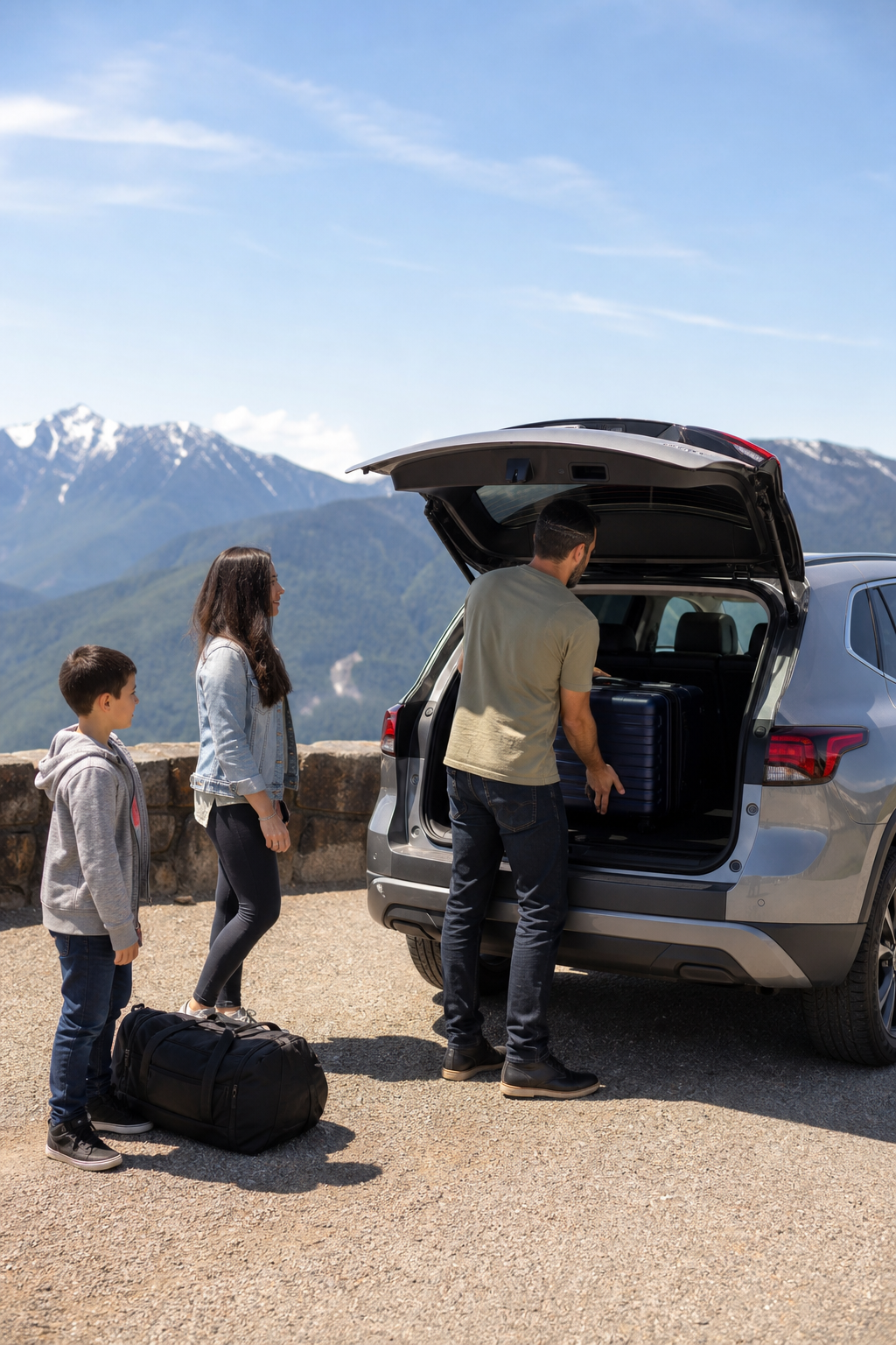 A realistic photo of a family loading luggage into a midsize SUV parked on a scenic highway overlook, with mountains in the background. Alt: Family loading a rental SUV for a road trip with luggage and gear