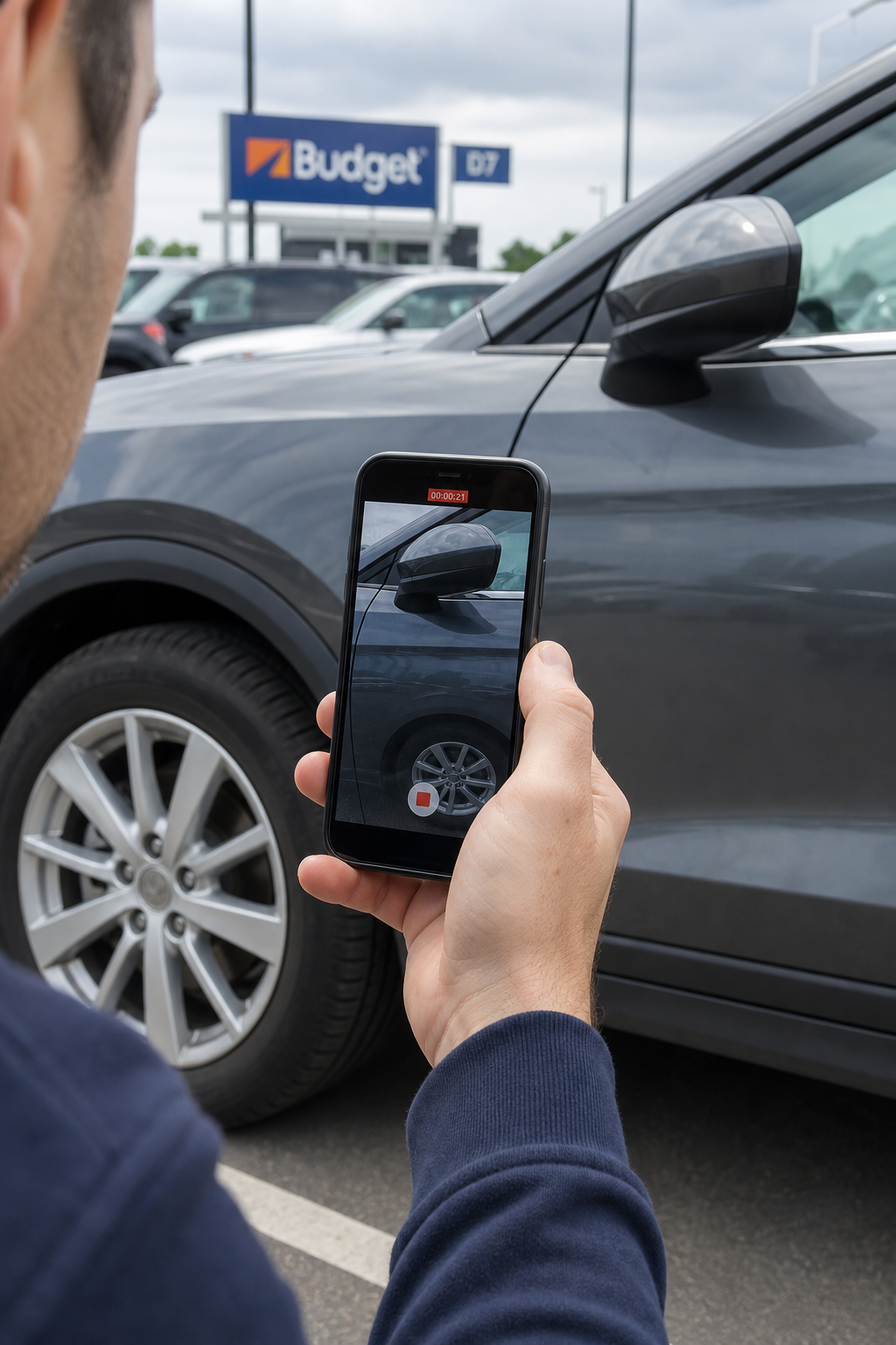 A close-up photo of a person using a smartphone to take a video of a rental car's side mirror and rim at a rental lot. Alt: Renter documenting vehicle condition with smartphone video to avoid damage claims