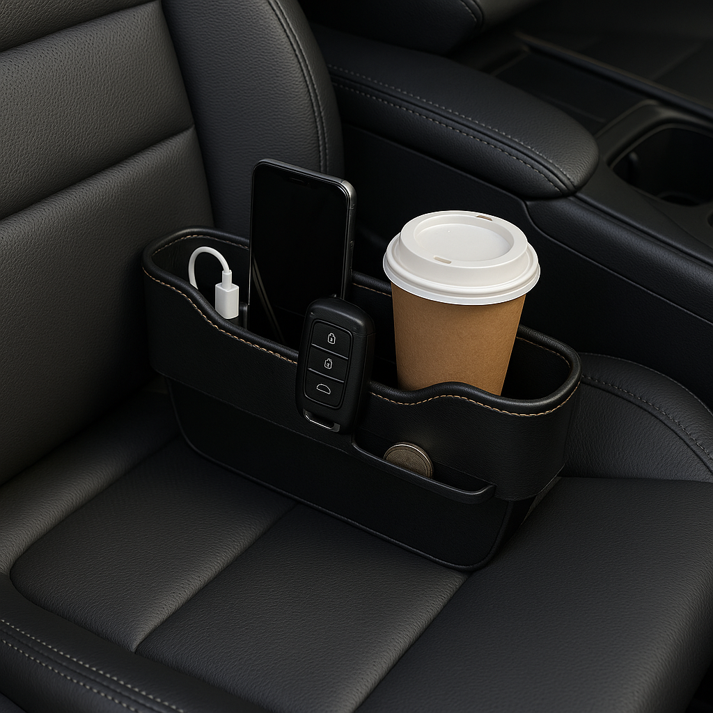 A stylish car seat gap filler organizer installed neatly beside a leather car seat. Alt: Car seat gap filler organizer installed to prevent item loss and organize essentials.