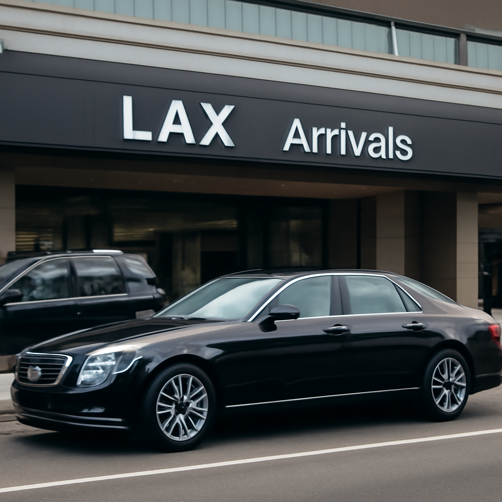 A sleek black limousine parked outside LAX’s arrivals terminal with a clear view of the airport signage, conveying luxury and efficiency. Alt: Luxury car service at LAX
