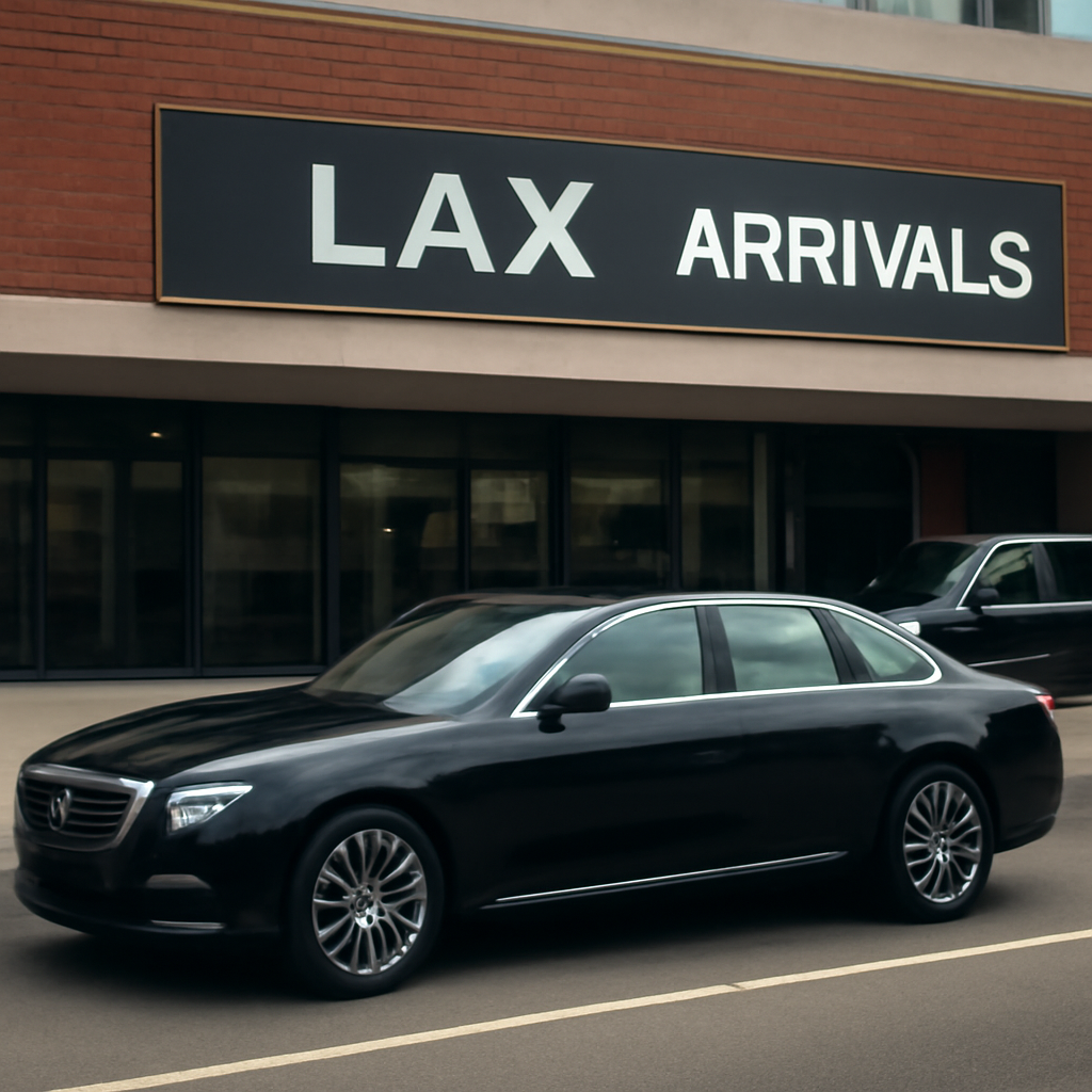 A luxury sedan parked outside LAX’s arrivals terminal, with a clear view of the airport signage and a sleek interior visible through the windows. Alt: LAX to Beverly Hills car service vehicle ready for pickup.