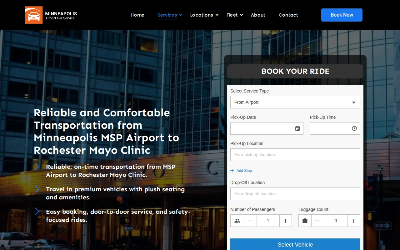 Screenshot of the Minneapolis Airport Car Service website