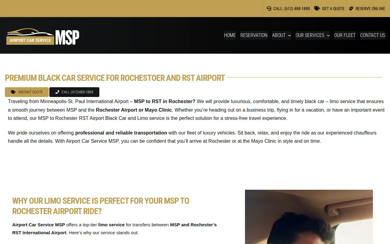 Screenshot of the Airport Car Service MSP website