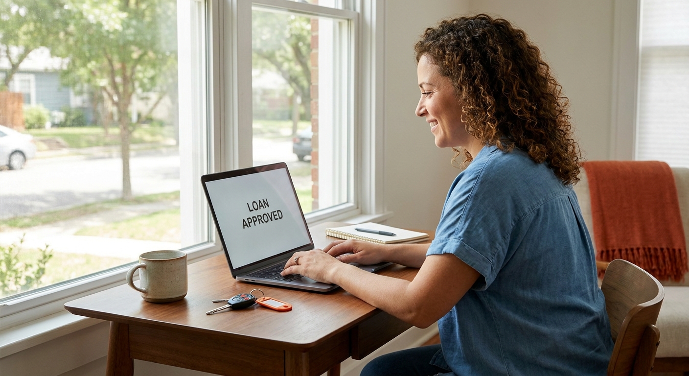 A photorealistic scene of an Austin driver sitting at a laptop in a bright home office, reviewing a loan approval screen, car keys resting on the desk beside them. Alt: Austin borrower getting a car title loan approved online at home.