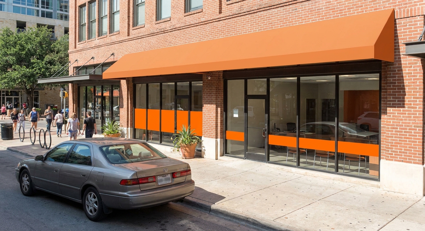 A photorealistic street-level photo of a financial services storefront in Austin, Texas, with warm orange signage and a vehicle parked out front on a sunny day. Alt: Storefront title loan lender location in Austin TX.