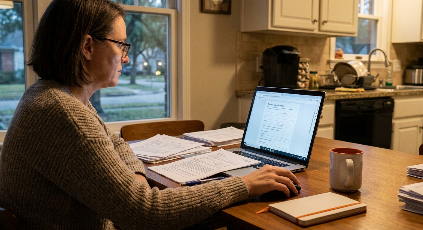 A photorealistic scene of a person sitting at a kitchen table in Houston, reviewing documents and using a laptop to apply for a loan online, warm indoor lighting, focused and calm atmosphere. Alt: Houston borrower applying for a car title loan online with EZ Car Title Loans.