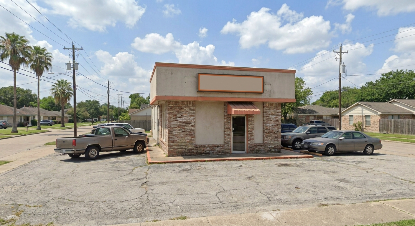 A photorealistic street-level view of a small independent auto title loan storefront in a Houston neighborhood, daytime, modest signage, parking lot with a few cars, urban Texas setting. Alt: Independent car title loan shop in Houston TX neighborhood.