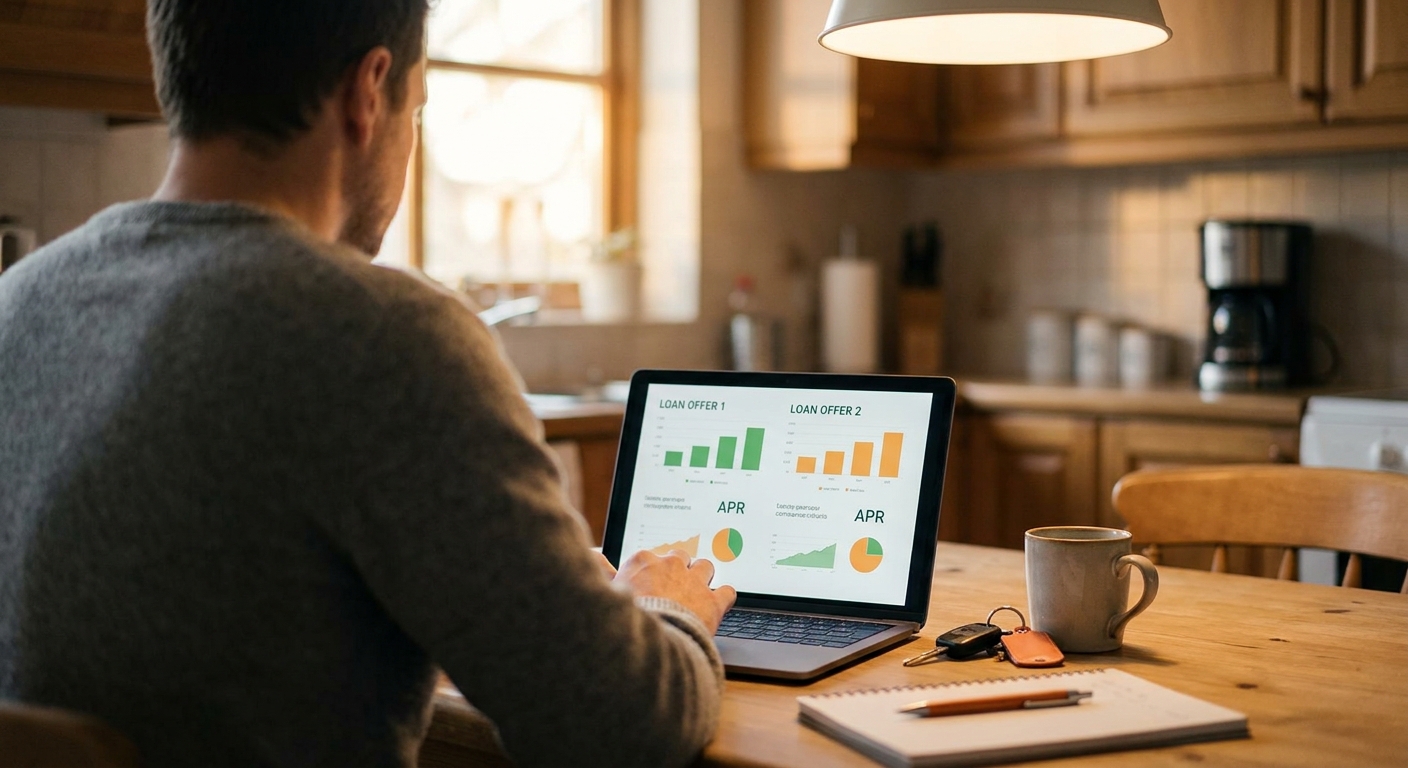A photorealistic scene of a person at a kitchen table using a laptop to compare loan offers, with a set of car keys on the table beside them and warm indoor lighting. Alt: San Antonio borrower comparing car title loan options online.