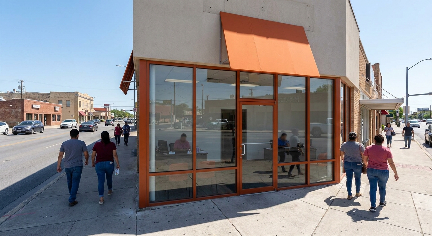 A photorealistic street-level view of a Texas financial services storefront on a busy San Antonio commercial strip, with natural daylight and pedestrians in the background. Alt: Texas credit access business storefront offering title loans in San Antonio.