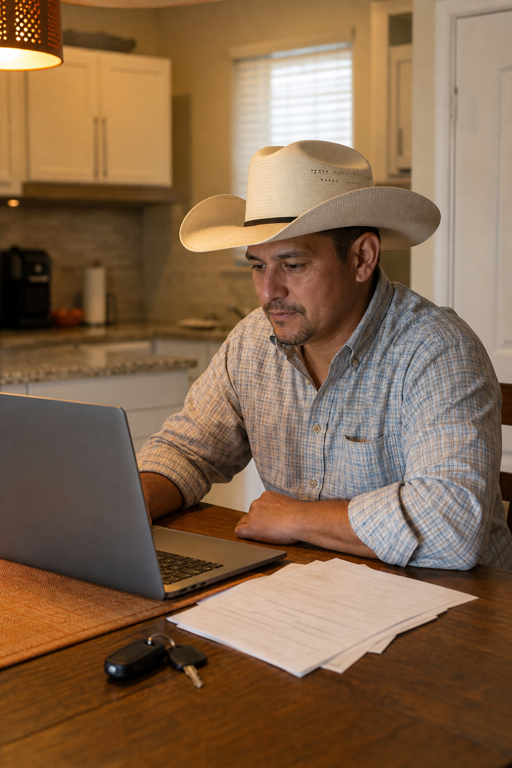 A photorealistic scene of a Texas driver sitting at a kitchen table, reviewing loan documents on a laptop with car keys beside them, warm indoor lighting suggesting a usable financial decision moment. Alt: Texas borrower applying for a car title loan online through a matching network.