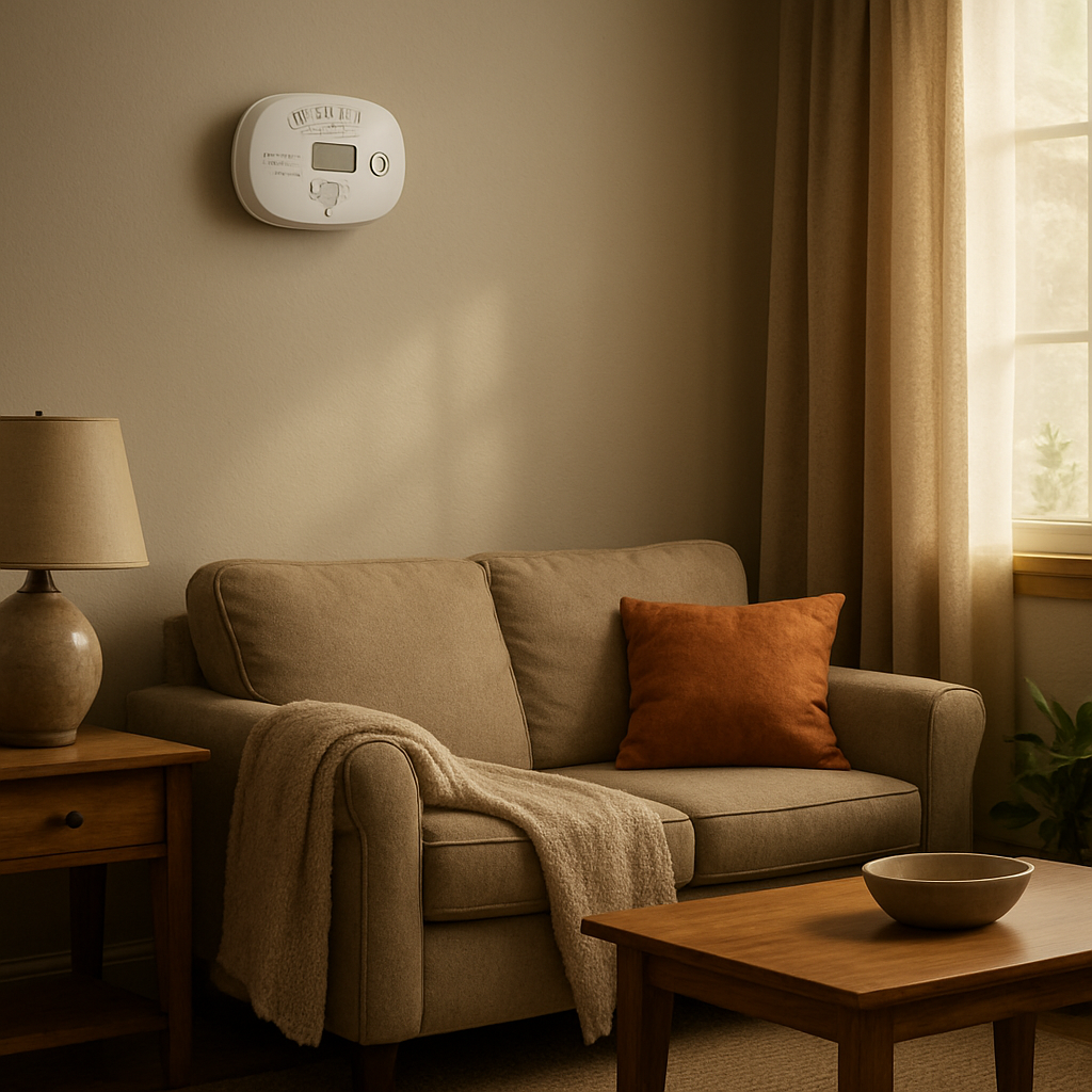 A cozy living room with a carbon monoxide detector mounted high on the wall, subtle sunlight filtering through a window. Alt: Carbon monoxide detector placement in living room for safety