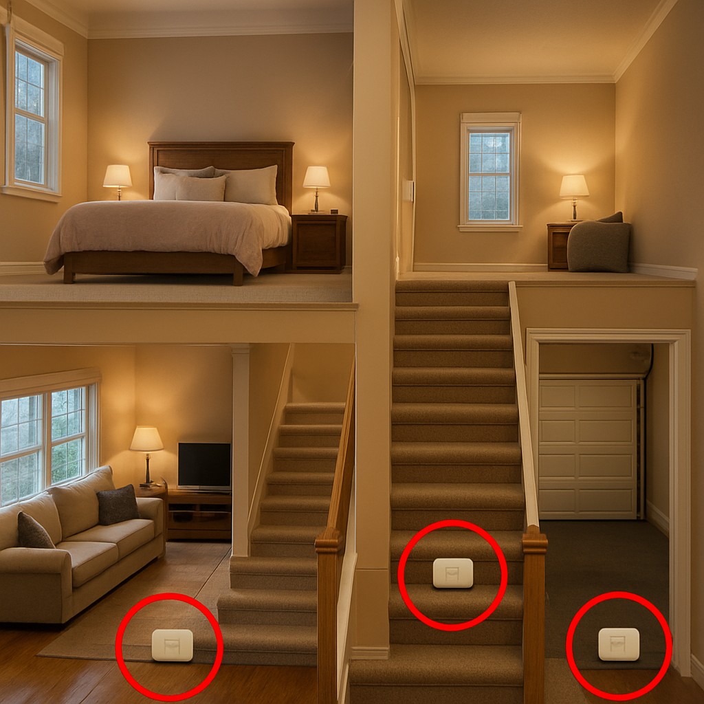 A cozy multi‑level home with carbon monoxide detectors highlighted on each floor near bedrooms and the garage. Alt: carbon monoxide detector placement in a multi‑level house, showing wall‑mounted units at knee‑level near sleeping areas.