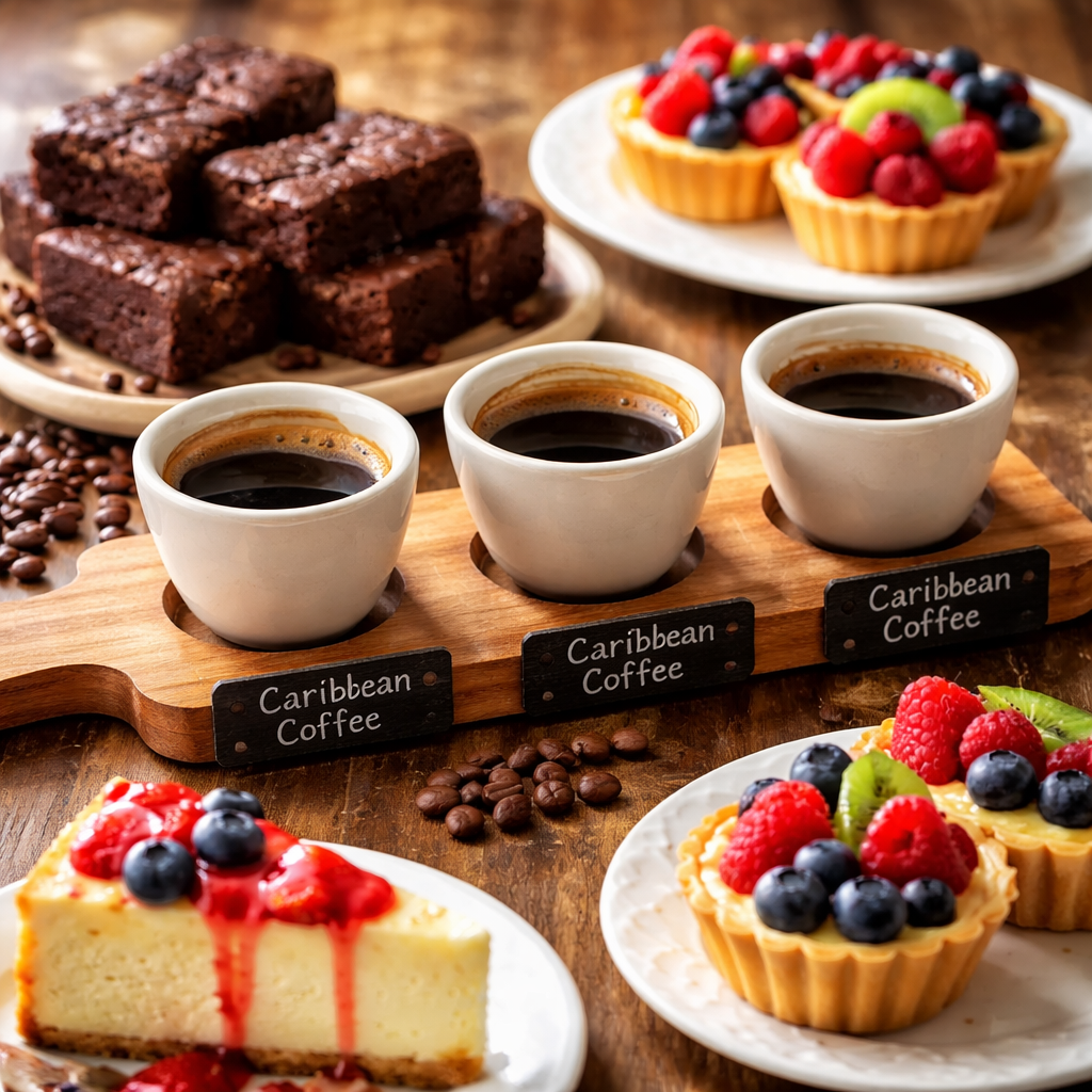 A realistic scene of a tasting flight featuring three cups of Caribbean coffee beside assorted desserts like cheesecake, chocolate brownies, and fruit tarts. Alt: Caribbean coffee pairing showcase