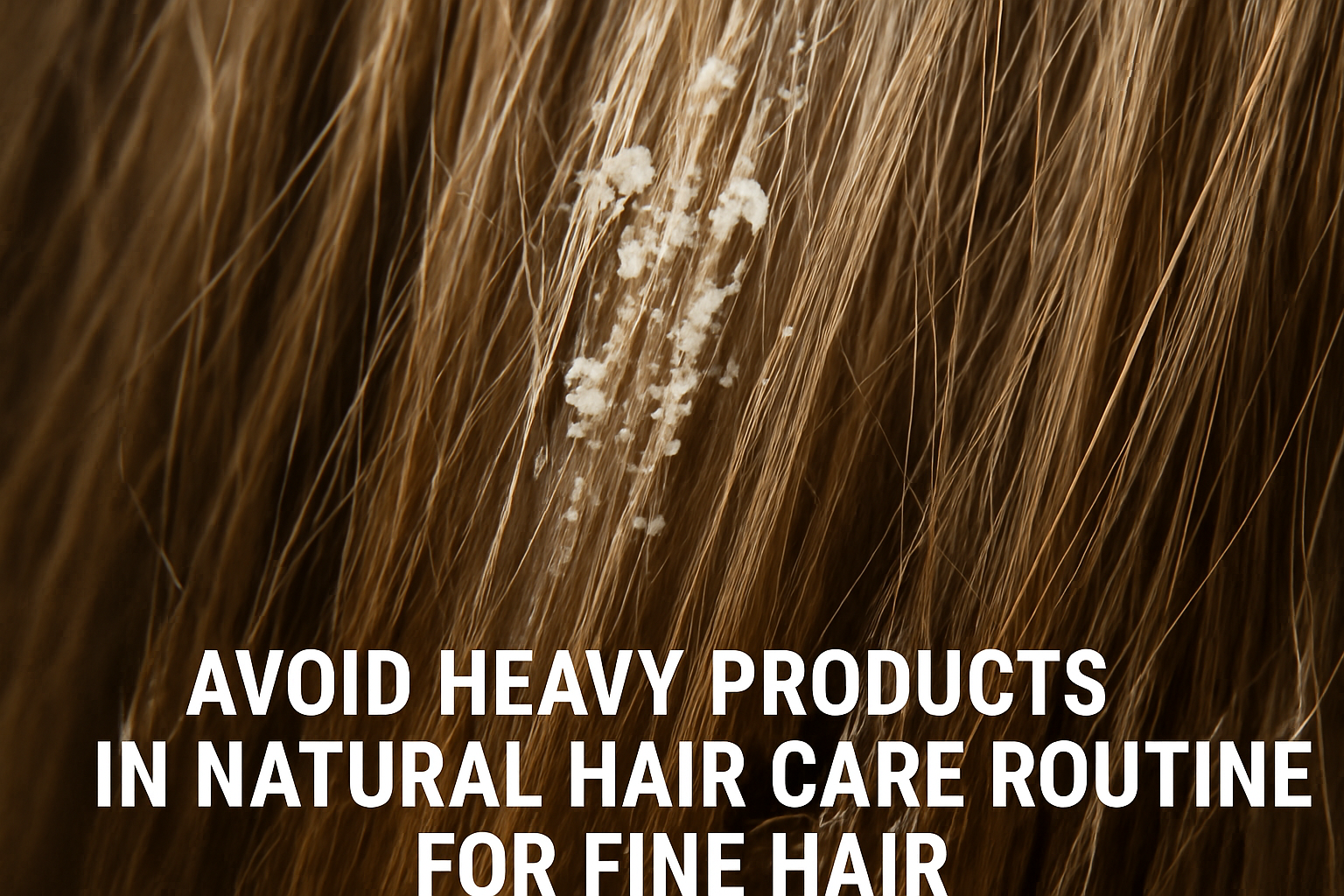 Close-up of fine hair strands with product residue, highlighting the importance of avoiding heavy products in natural hair care routine for fine hair. Alt: Avoid heavy products in natural hair care routine for fine hair.