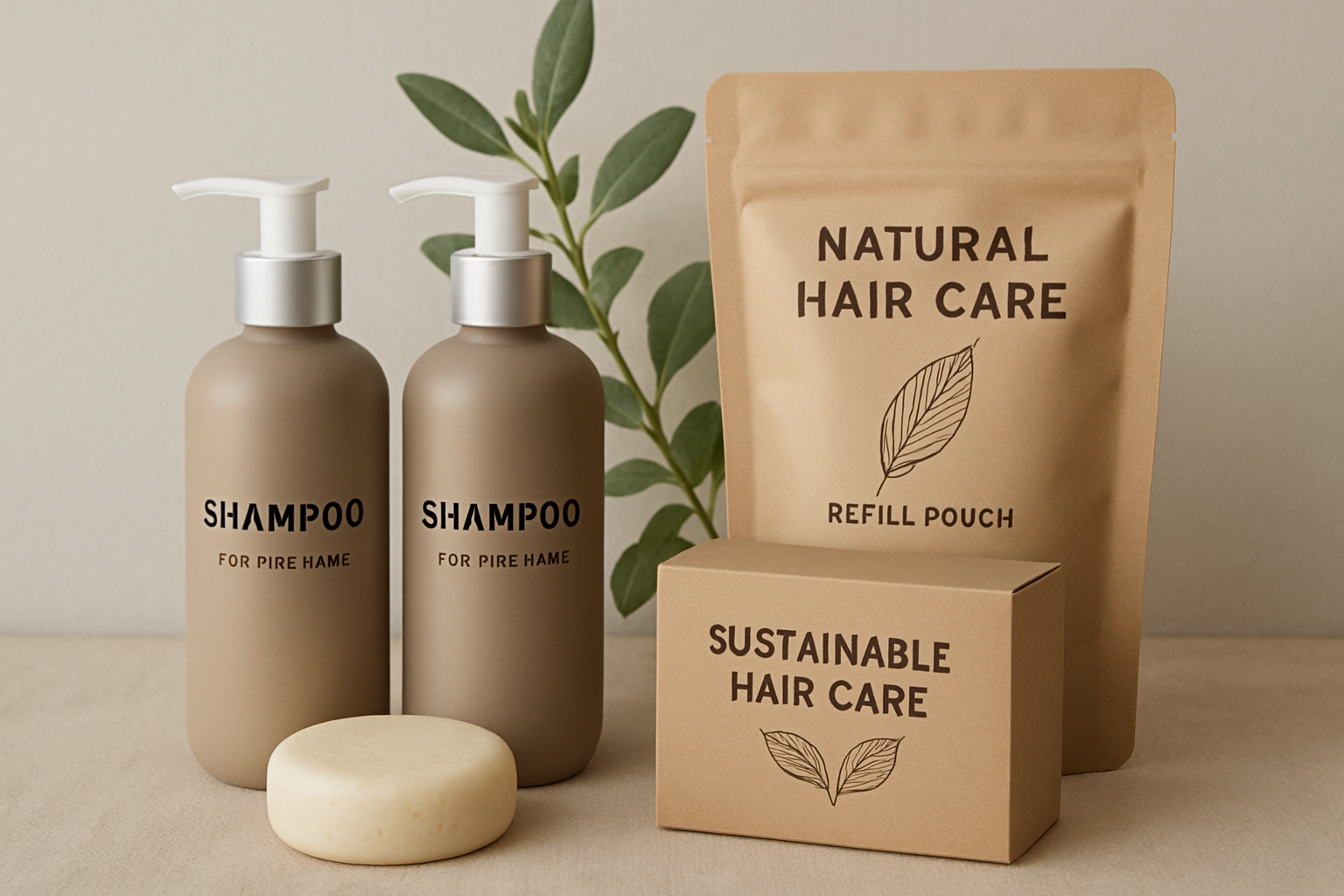 Refillable shampoo bottles and eco-friendly hair care packaging, emphasising sustainability in natural hair care routine for fine hair. Alt: Sustainable packaging for natural hair care routine for fine hair.