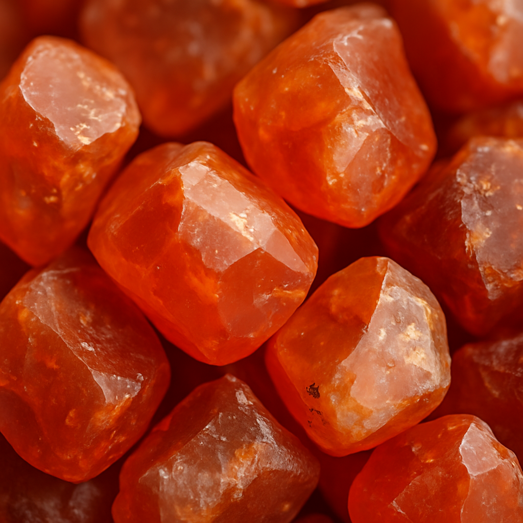 A close‑up of raw carnelian crystals glinting with orange‑red tones, showing natural inclusions. Alt: Carnelian gemstone raw stone.
