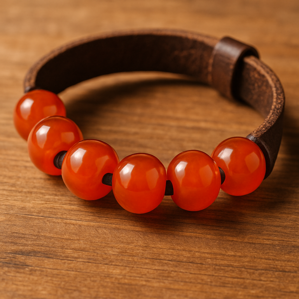 A close‑up of a hand‑crafted carnelian bracelet on a wooden surface, showing the warm orange‑red beads against a leather strap. Alt: Carnelian bracelet style, setting, and price comparison guide.