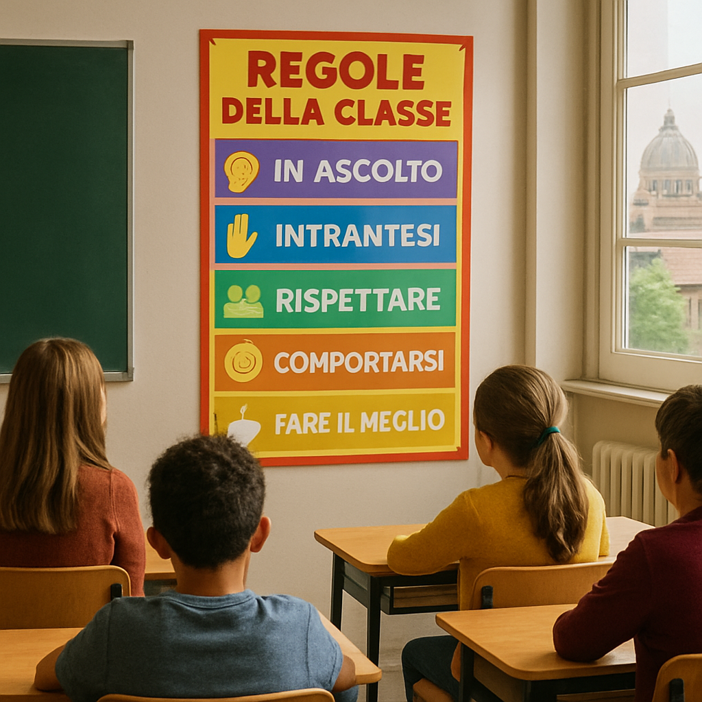 A classroom with a durable, colorful rules poster hanging on a well-lit wall, students looking at it. Alt: Durable classroom rules poster in a vibrant classroom setting.