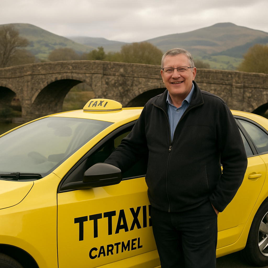 A friendly local taxi driver in a bright TTTaxis vehicle standing beside a historic Cartmel stone bridge, with rolling hills in the background. Alt: Cartmel taxi local driver offering reliable transport in the Lake District.