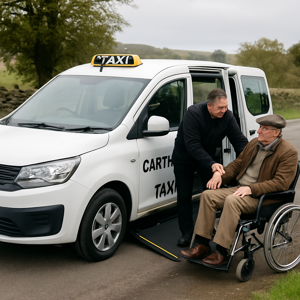 A friendly Cartmel taxi equipped with a wheelchair ramp, driver assisting a passenger at a rural stop. Alt: Accessible Cartmel taxi service