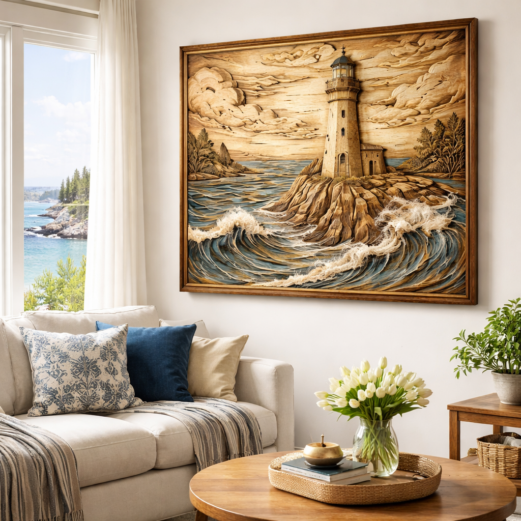 Carved wood wall art pine panel with oil finish displayed in a Maritime home.