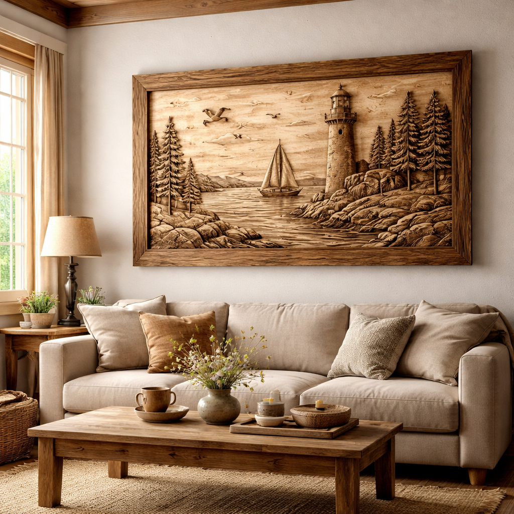Carved wood wall art being cared for with dusting cloth in a Maritime home.