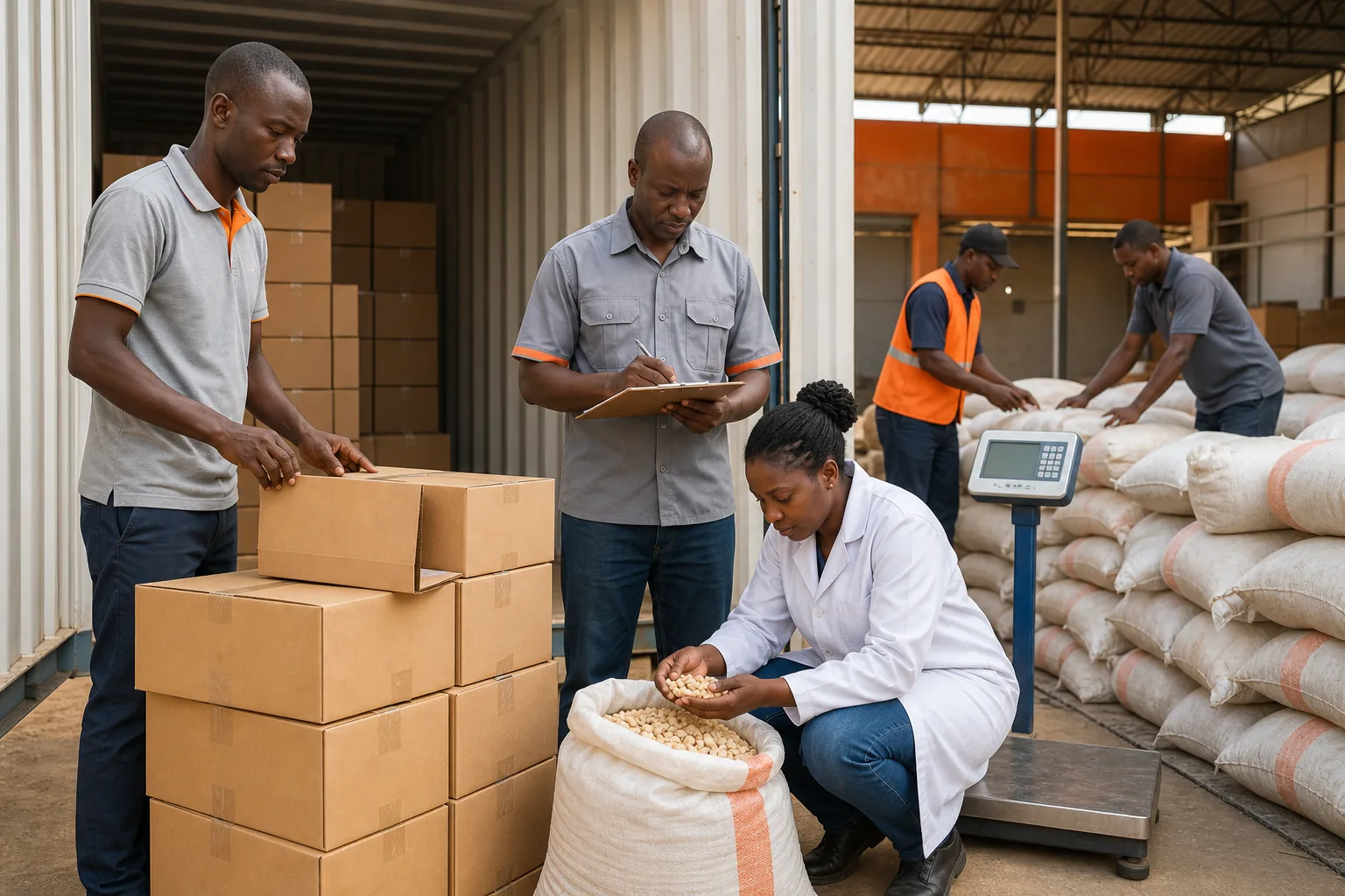 Cashew nut inspection packaging and container loading in Tanzania
