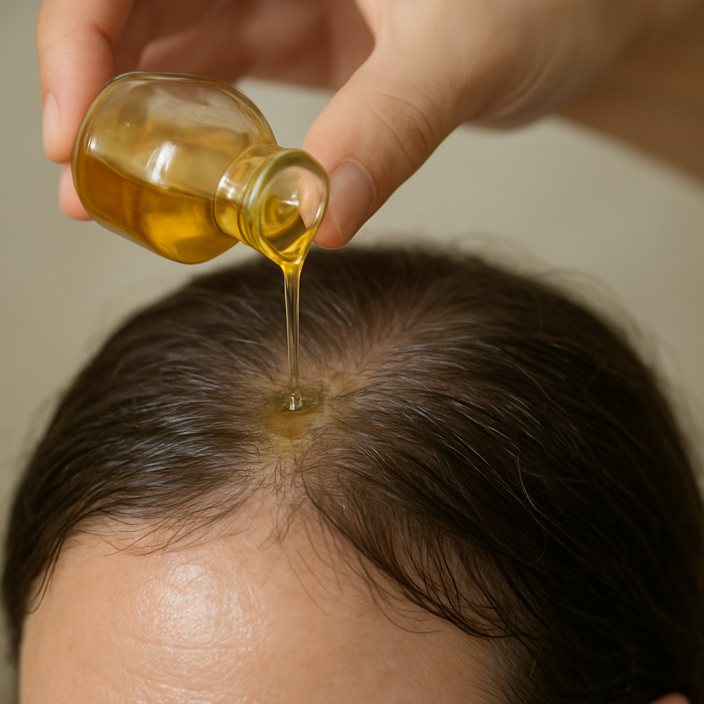 A close‑up of a hand pouring golden castor oil onto a scalp, with soft natural lighting, showing texture and moisture. Alt: Castor oil applied to scalp for hair growth