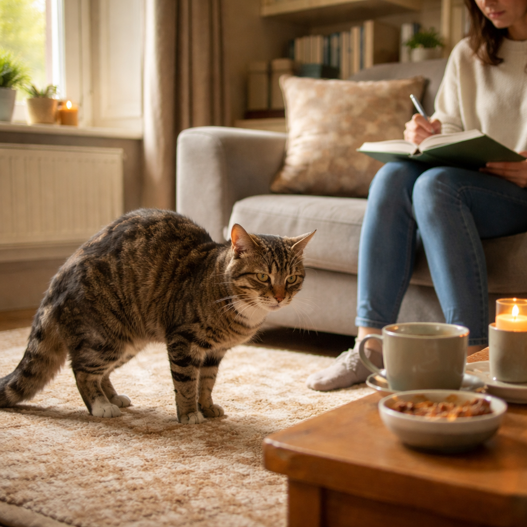 A photorealistic scene in a cosy British living room. A cat lies on a warm rug with a slightly arched back while a human writes in a diary nearby and a small dish of food sits on the coffee table. Soft daylight filters through a window, creating a calm, practical atmosphere. Alt: cat abdominal pain food intolerance uk