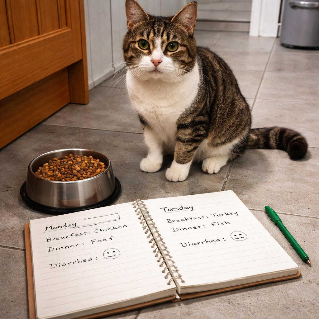 A photorealistic scene of a British cat sitting on a kitchen floor next to a bowl of kibble, with a notebook open showing a simple diary of meals and symptoms. Alt: cat chronic diarrhea caused by food intolerance UK