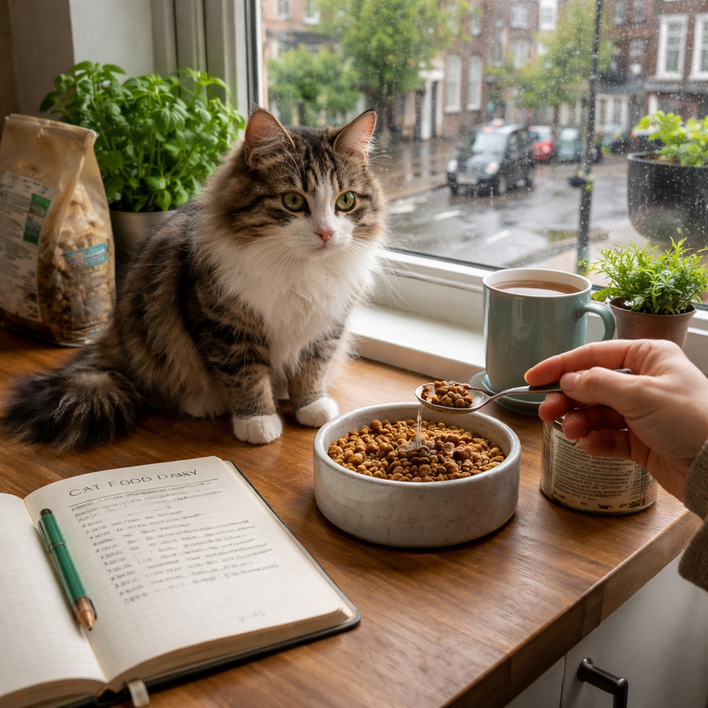 A photorealistic scene of a British kitchen countertop where a cat watches its owner add a small spoonful of new food to a bowl, a notebook with a diary open beside the bowl, soft natural light from a window overlooking a rainy UK street. Alt: cat chronic diarrhea caused by food intolerance UK tracking re‑introduction.