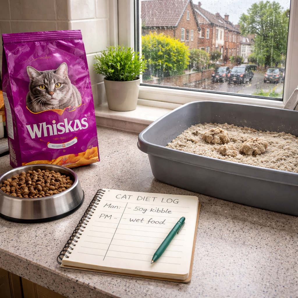 A photorealistic scene of a UK kitchen counter with a cat bowl, a bag of cat food, a notebook with a simple diet log, and a litter box showing soft stools. The setting includes a British window with a rainy view, reflecting a typical UK home.