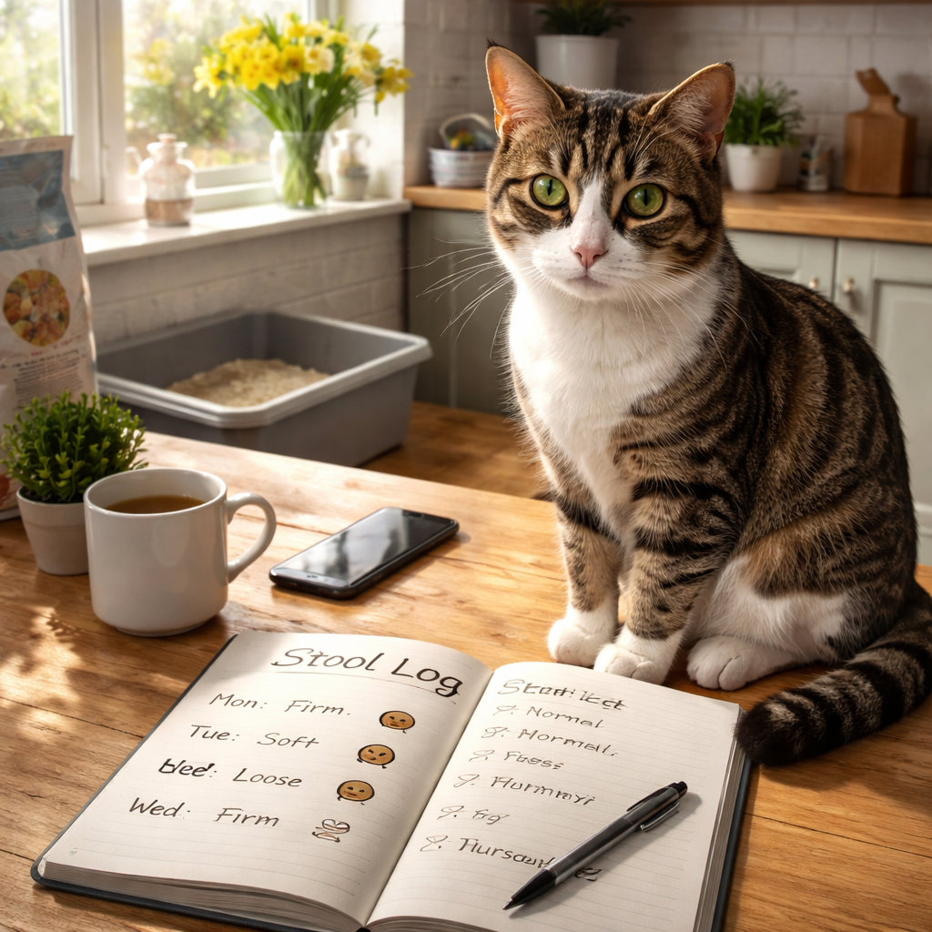 A photorealistic scene of a British kitchen countertop with a cat sitting beside an open notebook showing a simple stool log, a litter box in the background, soft natural light. Alt: Cat owner tracking stool changes after new diet.