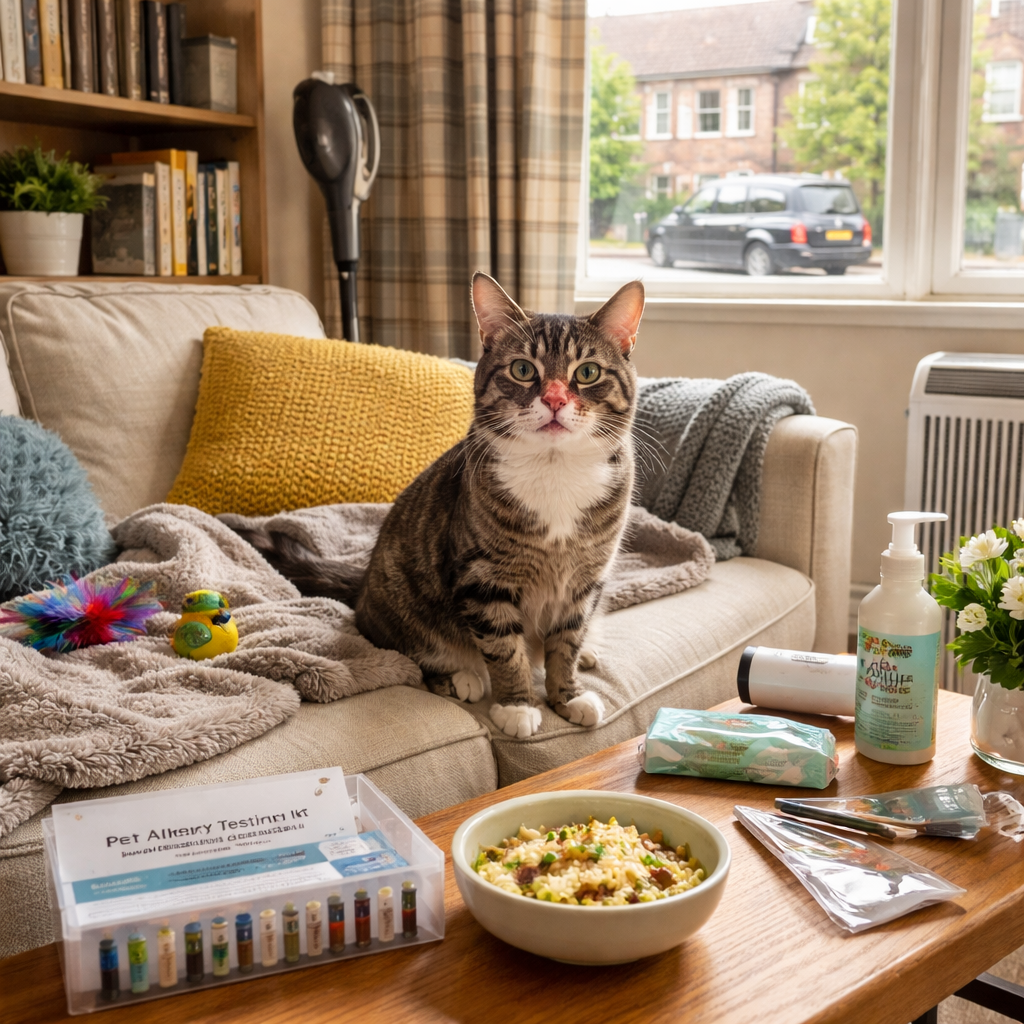 A photorealistic scene of a British living room where a cat sits on a cosy sofa, surrounded by simple toys and a bowl of boiled chicken and rice, with a small fur sample kit on the coffee table. Alt: cat facial dermatitis food intolerance uk guide showing home allergen removal.
