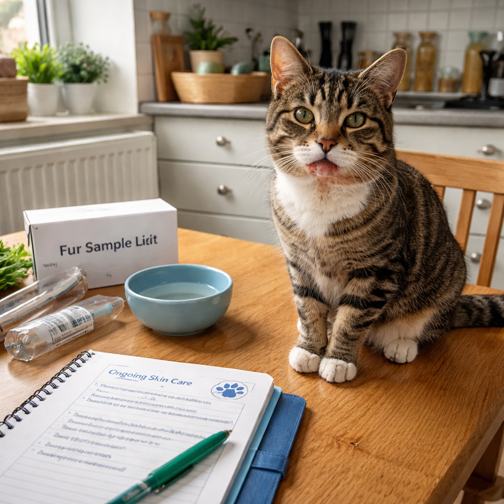 A photorealistic scene of a British kitchen table with a calm cat, a bowl of fresh water, a small fur sample kit, and a vet's notebook. Alt: cat facial dermatitis food intolerance uk ongoing skin care.