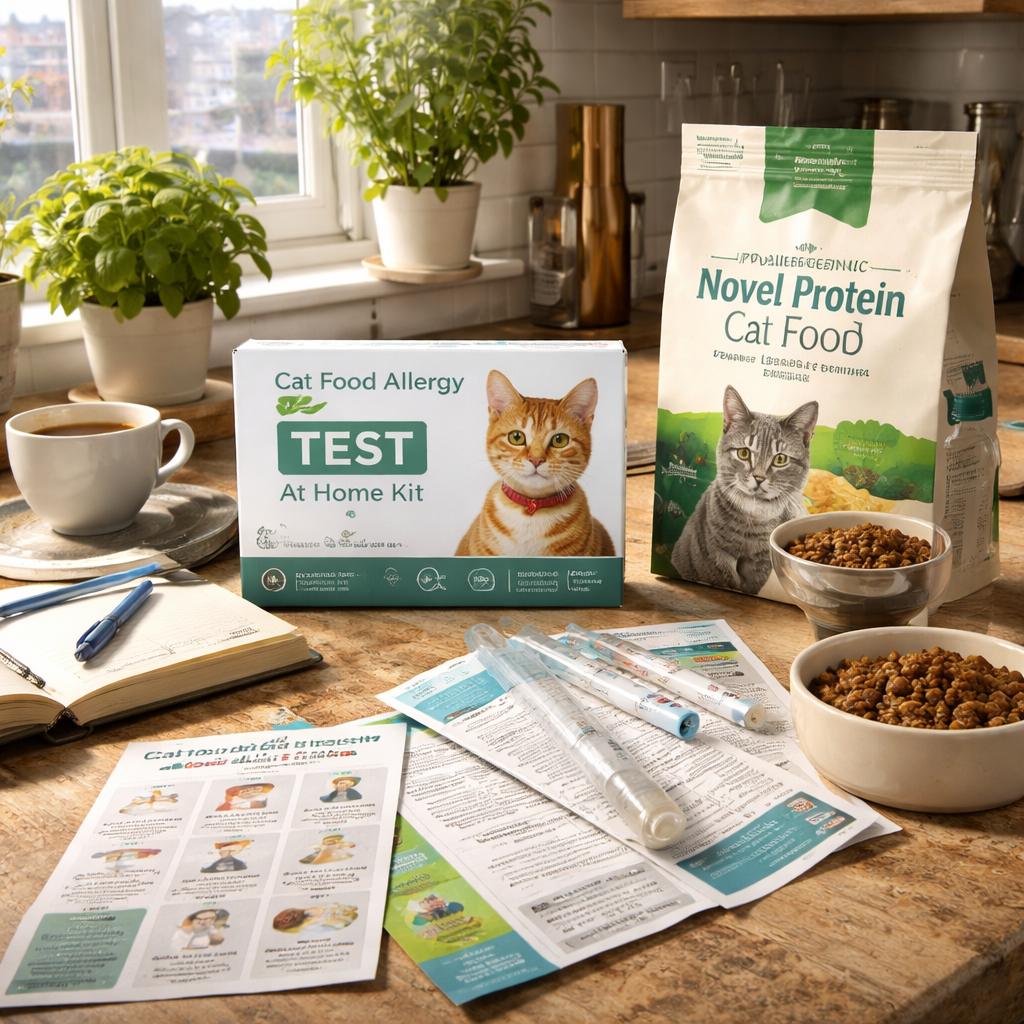 A photorealistic scene of a UK kitchen counter with a cat food allergy test at home kit, a notebook, and a bag of novel protein cat food. Alt: cat food allergy test at home visual guide.