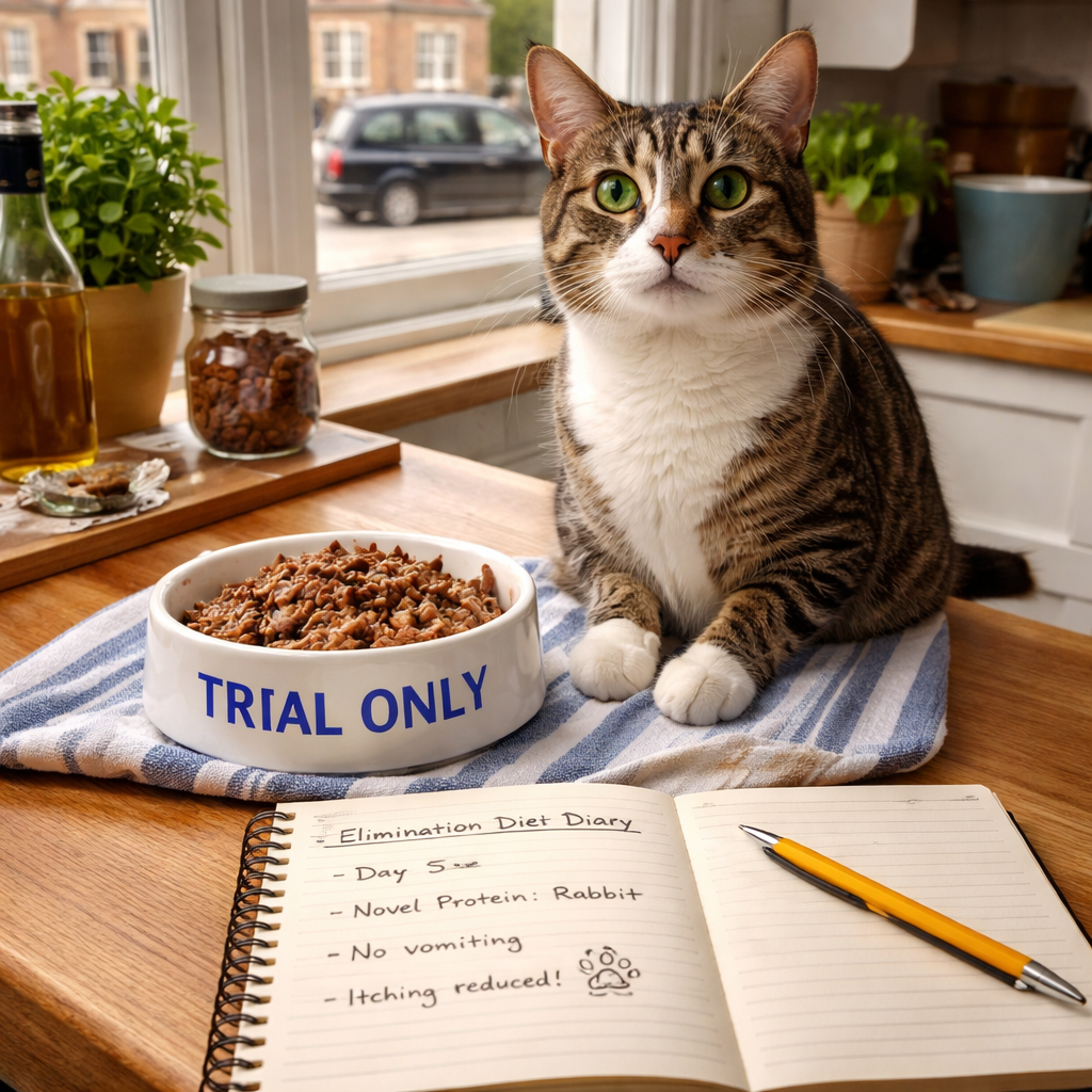 A photorealistic scene of a British kitchen counter with a cat sitting beside a bowl of novel protein food, a labelled “trial only” bowl, and a notebook open to a diary entry. Alt: cat food allergy test at home elimination trial.