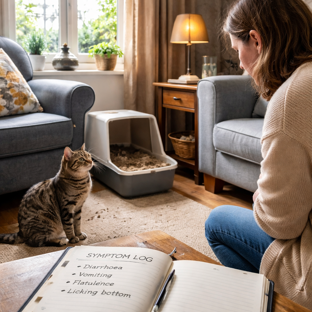 A photorealistic scene of a British living room with a tabby cat sitting beside a litter box, a notebook open with a simple symptom log, soft natural light through a window, emphasizing a calm, attentive pet owner noticing digestive signs. Alt: cat food intolerance signs uk visual guide.