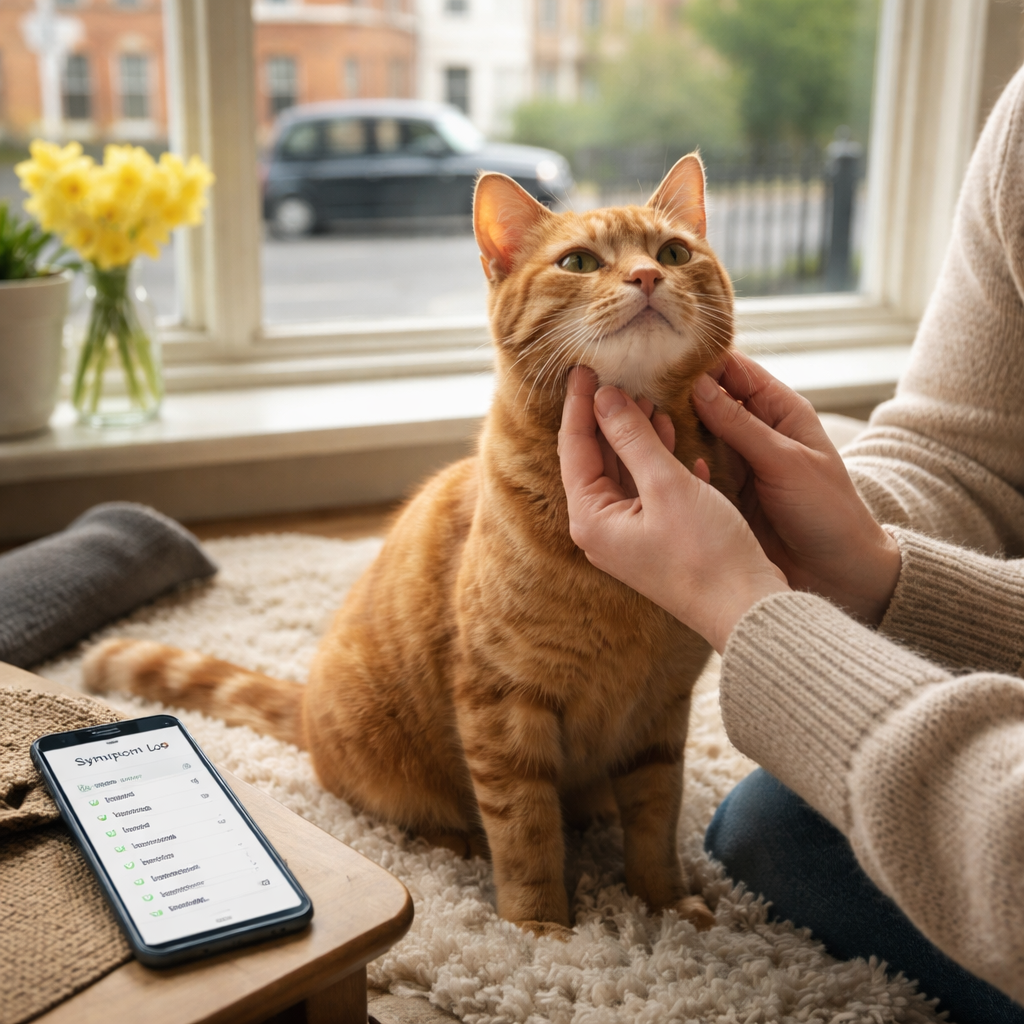 A photorealistic scene of a British living‑room window with soft natural light, showing a ginger cat sitting on a cosy rug while its owner gently examines the cat’s chin for redness, a phone on the side displaying a simple symptom log. Alt: cat food intolerance signs uk – owner checking skin irritation.