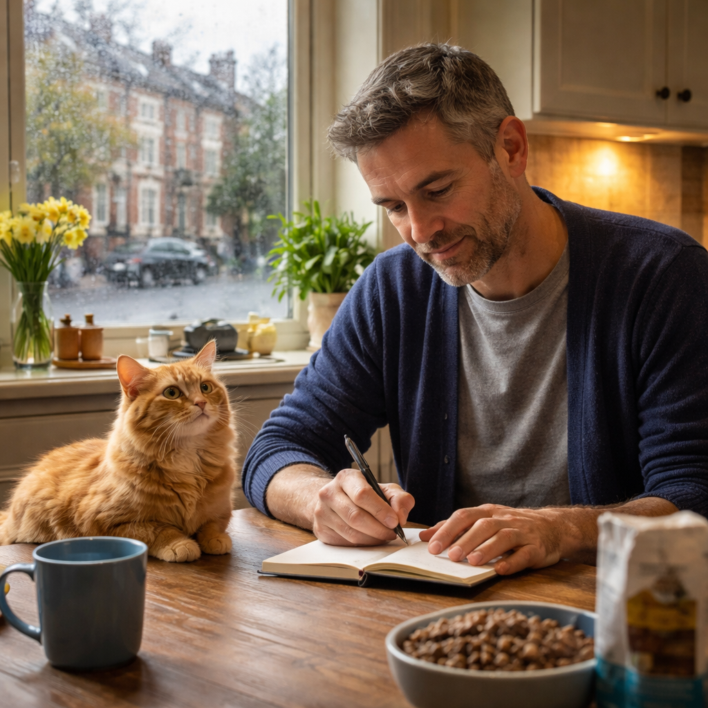 A photorealistic scene of a British homeowner sitting at a kitchen table, scribbling notes in a small notebook while a fluffy orange cat sits nearby, looking up inquisitively. The kitchen has a classic UK feel with a window showing a rainy London street outside. Alt: cat food intolerance symptoms diary example