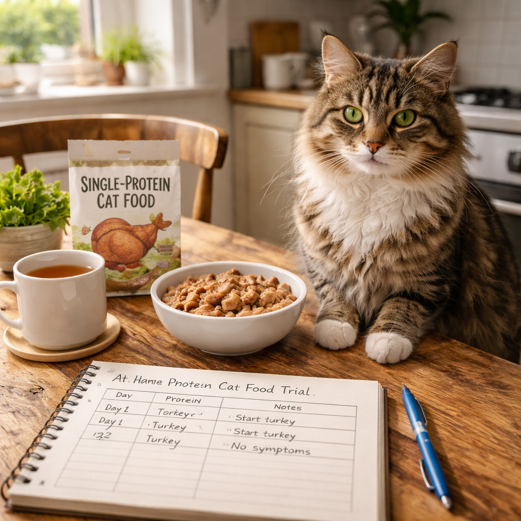 A photorealistic scene of a British living‑room kitchen table with a bowl of single‑protein cat food, a notebook open to a simple log, and a fluffy tabby cat perched beside the bowl, natural daylight filtering through a nearby window. Alt: cat food intolerance symptoms at‑home elimination trial visual guide.