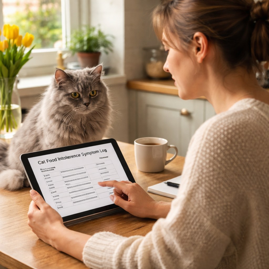 A photorealistic scene of a British homeowner sitting at a kitchen table, reviewing a cat food intolerance symptom log on a tablet while a fluffy grey cat looks on, soft natural light from a nearby window, Realism style.