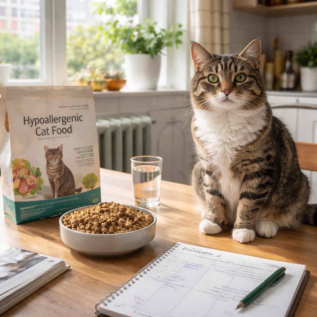 A photorealistic kitchen scene in a British home, a cat sitting beside a bowl of hypoallergenic cat food, a notebook with a diet log open on the table, soft natural light through a window. Alt: cat food intolerance symptoms uk testing and diet adjustment.