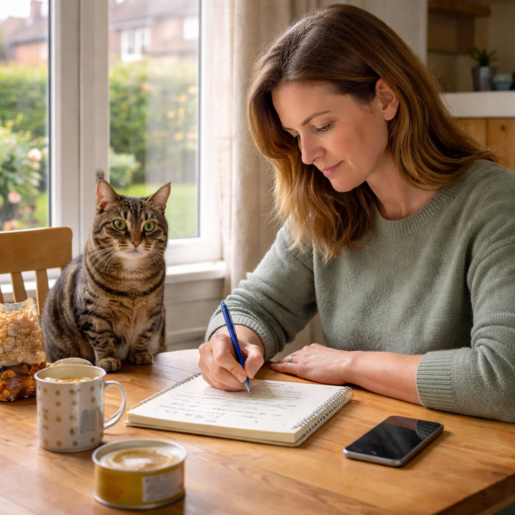 A photorealistic scene of a British homeowner sitting at a kitchen table, writing notes in a notebook about their cat's meals and symptoms, with a calm tabby cat nearby, soft natural light from a window, realistic style.