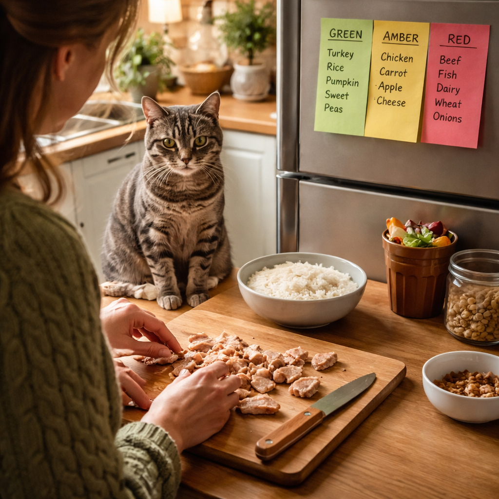 A photorealistic kitchen scene in a cosy British home, showing a cat owner preparing a simple bowl of plain turkey and rice on a wooden board, with a sticky note on the fridge listing green, amber and red foods. Alt: cat food intolerance test at home elimination diet preparation.