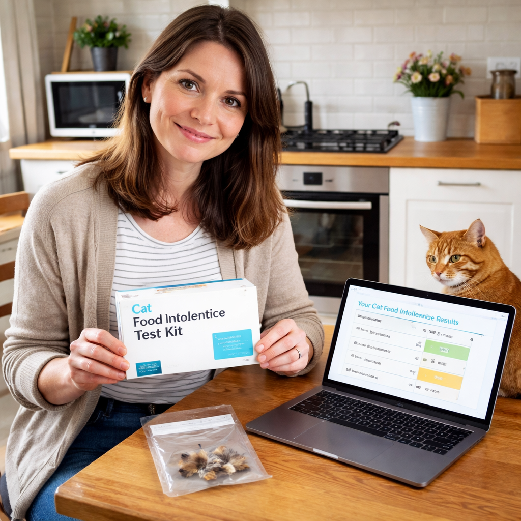 A photorealistic scene of a UK homeowner sitting at a kitchen table, holding a small cat food intolerance test kit box and a notebook of symptom notes, soft natural light through a window, British kitchen details visible. Alt: cat food intolerance test cost uk visual guide