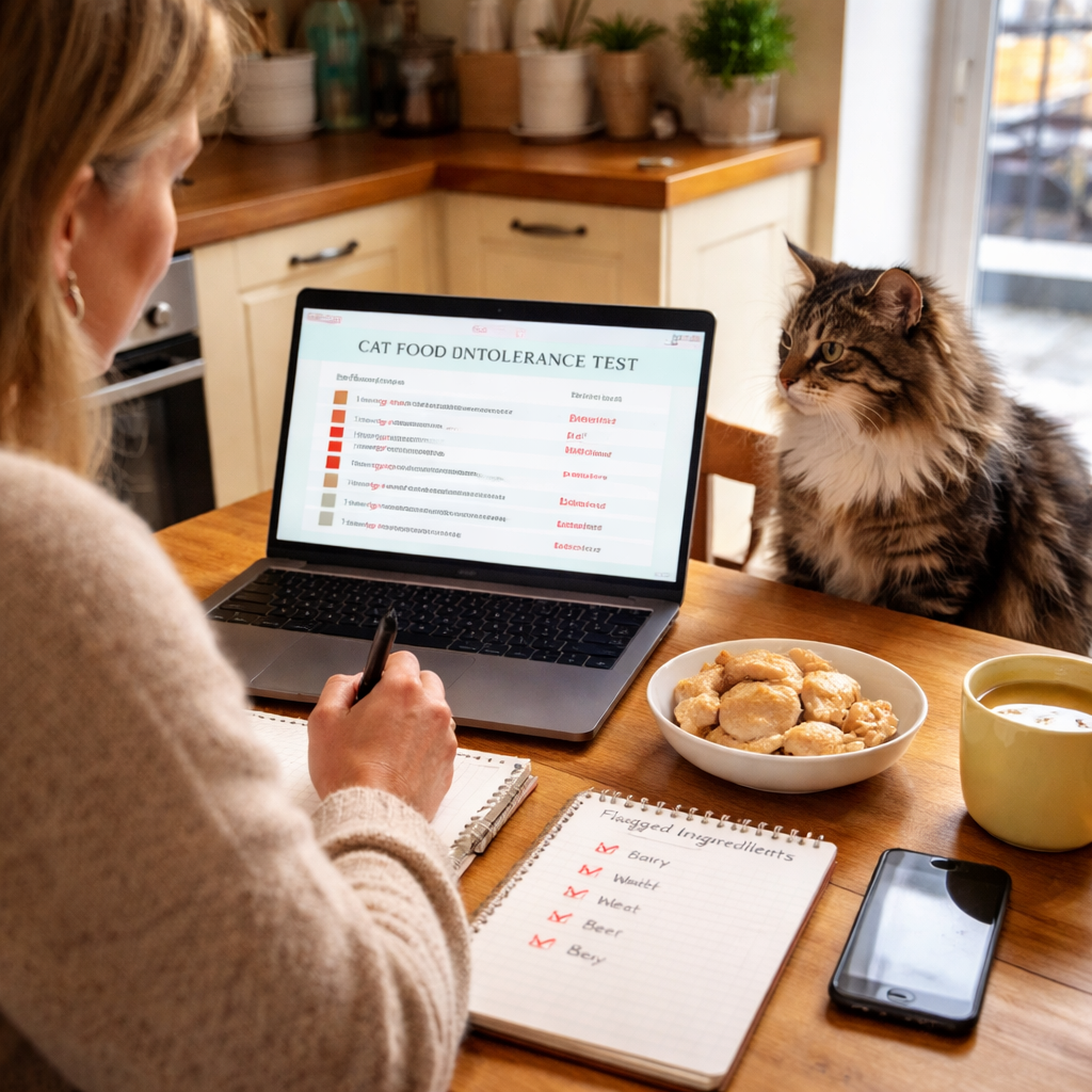 A photorealistic kitchen table in a cosy British home, a notebook with a food diary, a cat sitting beside a bowl of novel protein kibble, natural daylight streaming through a window, realistic style.