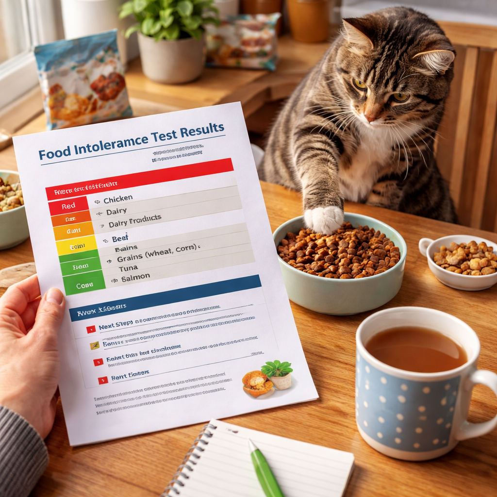 A photorealistic scene of a British kitchen table with a cat owner holding a printed test report, colourful stickers marking red, yellow, green ingredients, a mug of tea, and a curious cat pawing at a bowl of food. Alt: cat food intolerance test results and next steps visual guide.